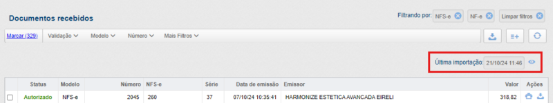 Ultima importação de documentos.