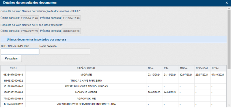 Detalhes das ultimas importações.