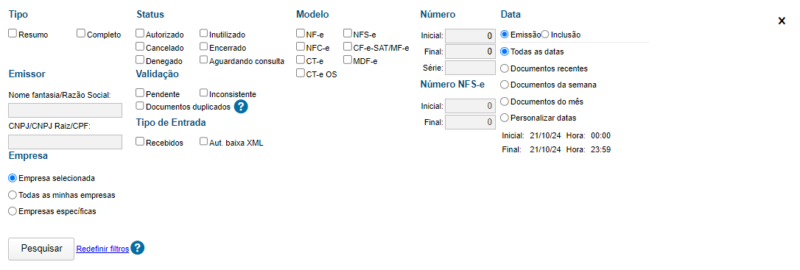 Filtros da tela de documentos recebidos importados pela extensão.