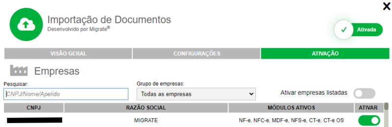 Tela de ativação da extensão de importação.