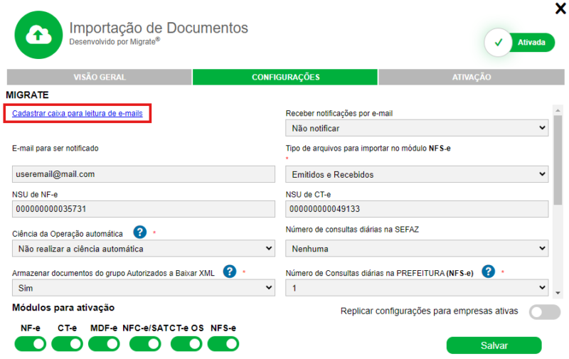 Tela para configuração da caixa de e-mail