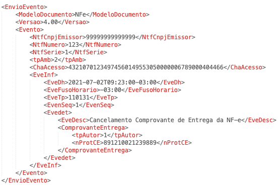 Envio do Cancelamento do Comprovante de entrega da NF-e