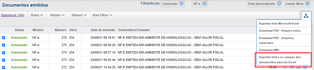 Funcionalidade exportar todos os campos dos documentos para Excel