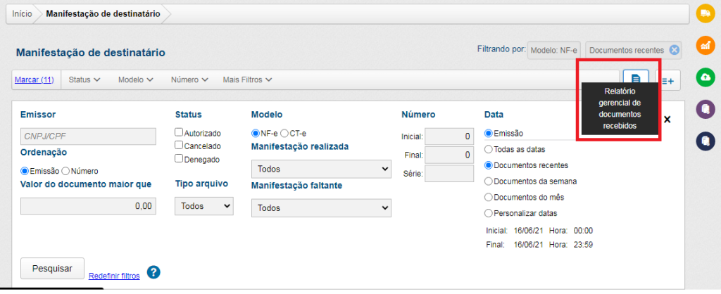 Tela de Manifestação do Destinatário