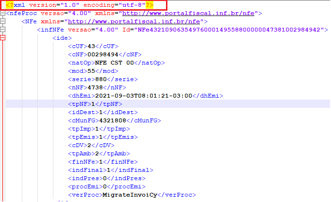 Codificação no arquivo XML - Versão 2.43.0 do InvoiCy