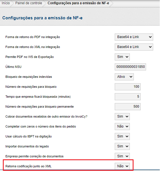 Configurações de emissão da NF-e - Versão 2.43.0 do InvoiCy
