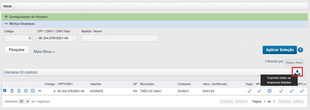 Exportar empresas via tela