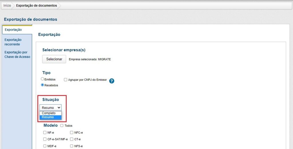 Exportação de documentos
