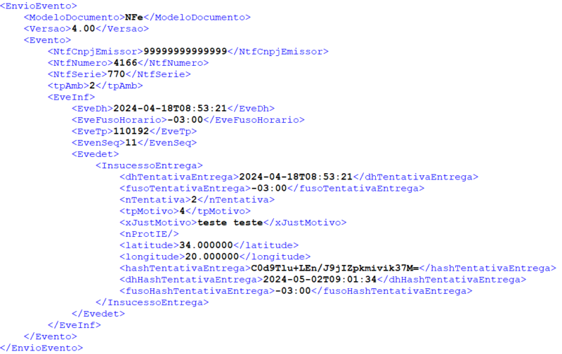 A imagem mostra um exemplo de xml de envio do evento.