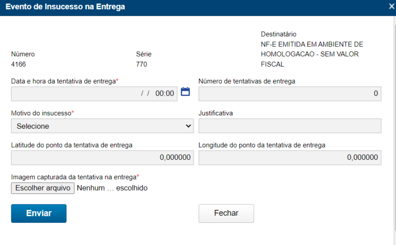 Imagem com a tela do evento de insucesso na entrega.