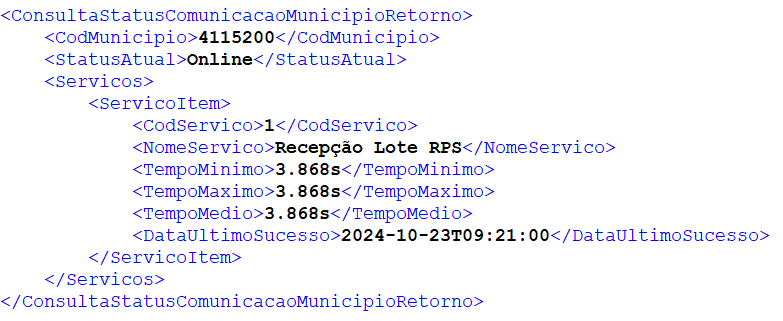 Estrutura de retorno da consulta do status de serviço em XML